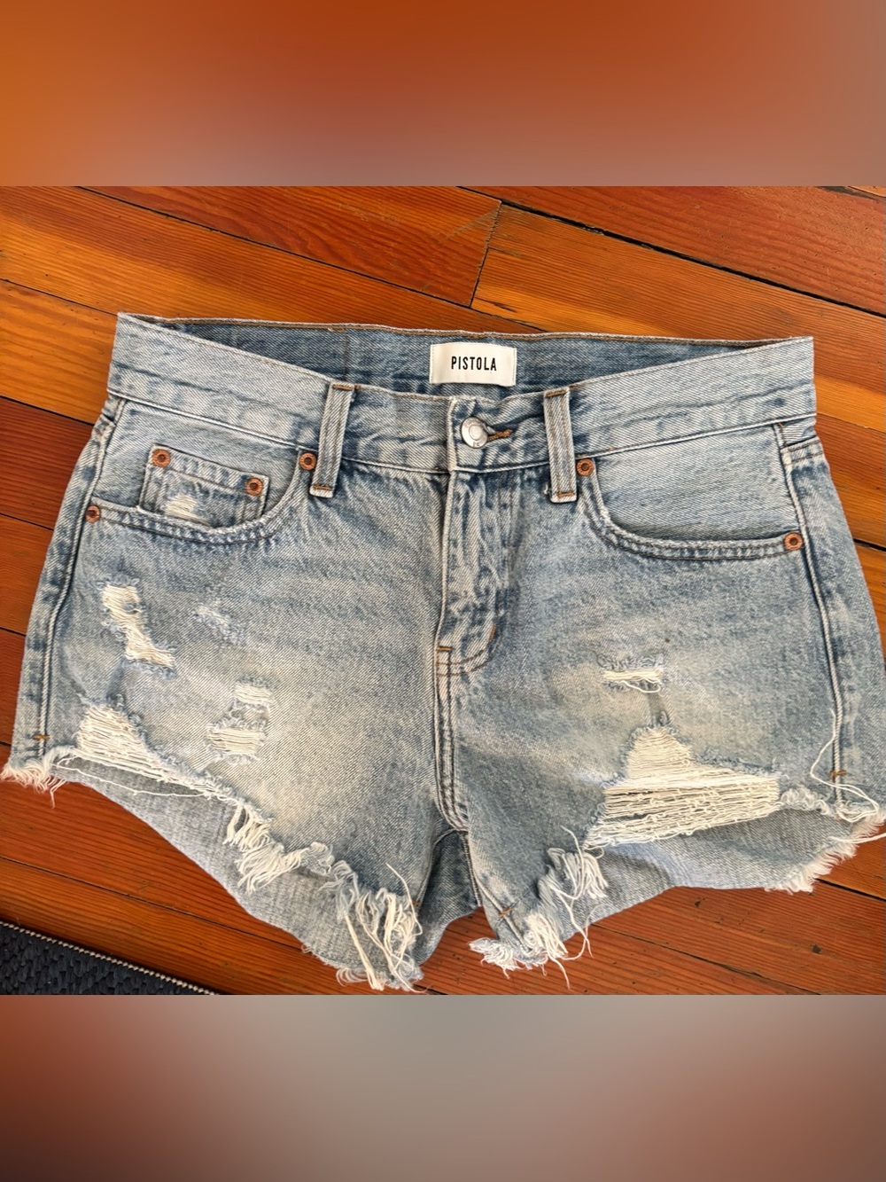 pistola light blue distressed denim cutoffs